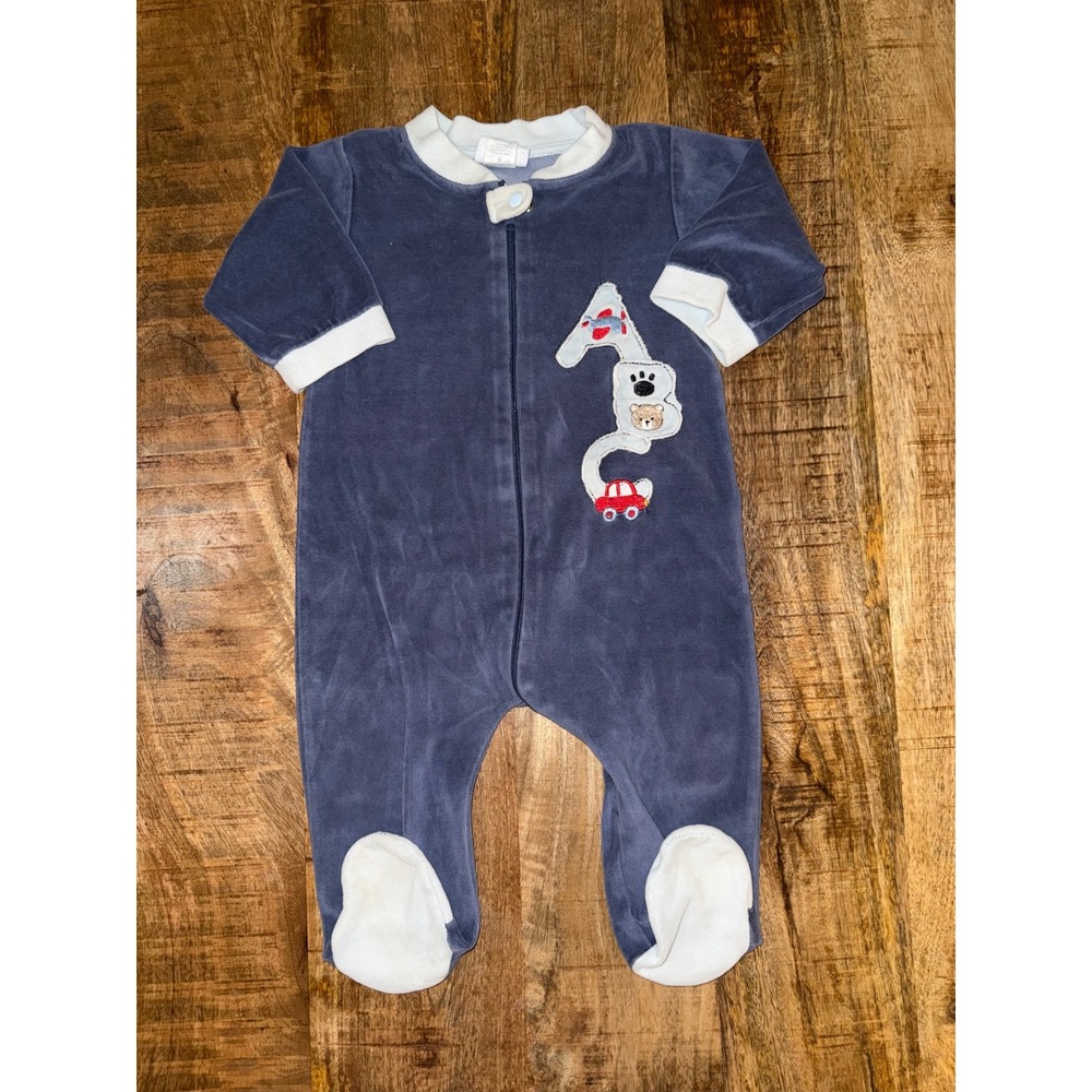 Bon Bebe Vintage Y2K Blue Velour ABC Bear Car Plane Footed Sleeper Large 6-9M